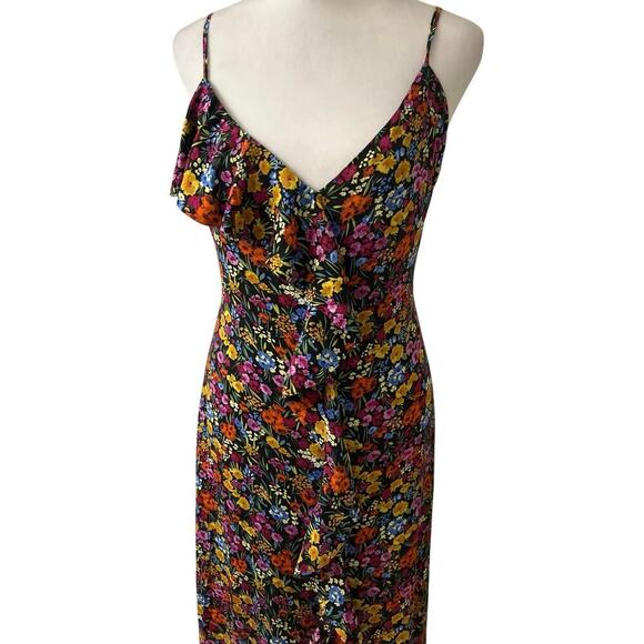 Lost+Wander Black Floral Ruffle Asymmetrical Hi Low Tie Back Midi Dress S New - Picture 4 of 12